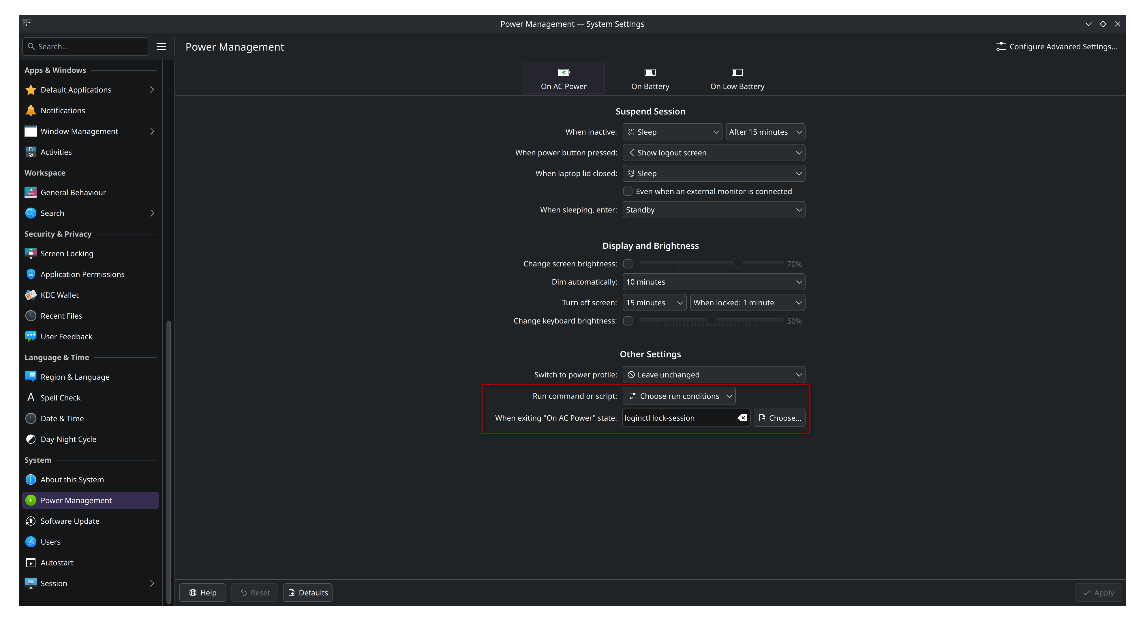 KDE power management settings, power profile 'On AC Power', 'Run command or script' set to 'Choose run conditions', 'When exiting "On AC Power" state' set to 'loginctl lock-session'